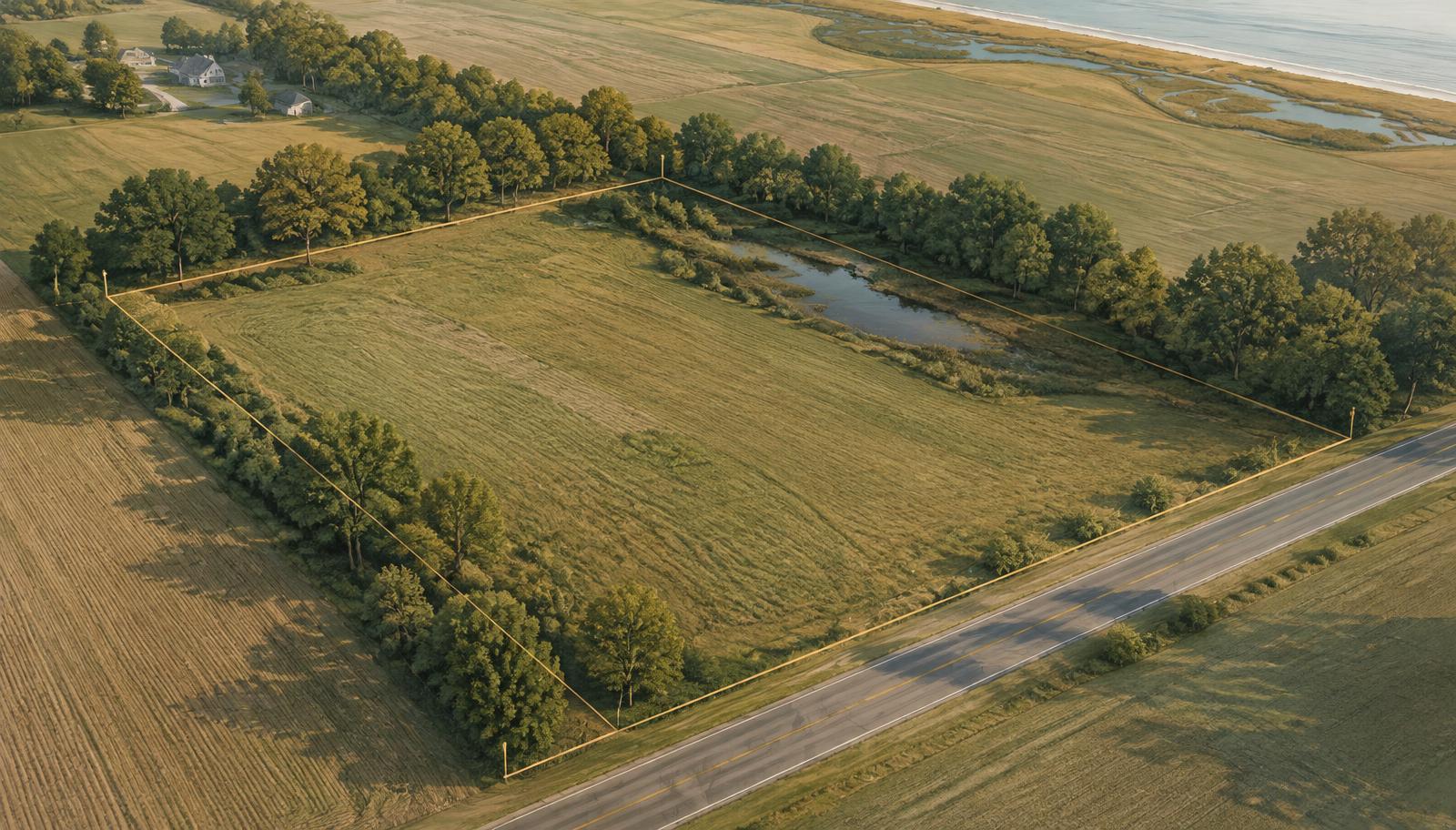 Illustration of a two-acre parcel at the edge of a small town, with fields, a tree line and a road